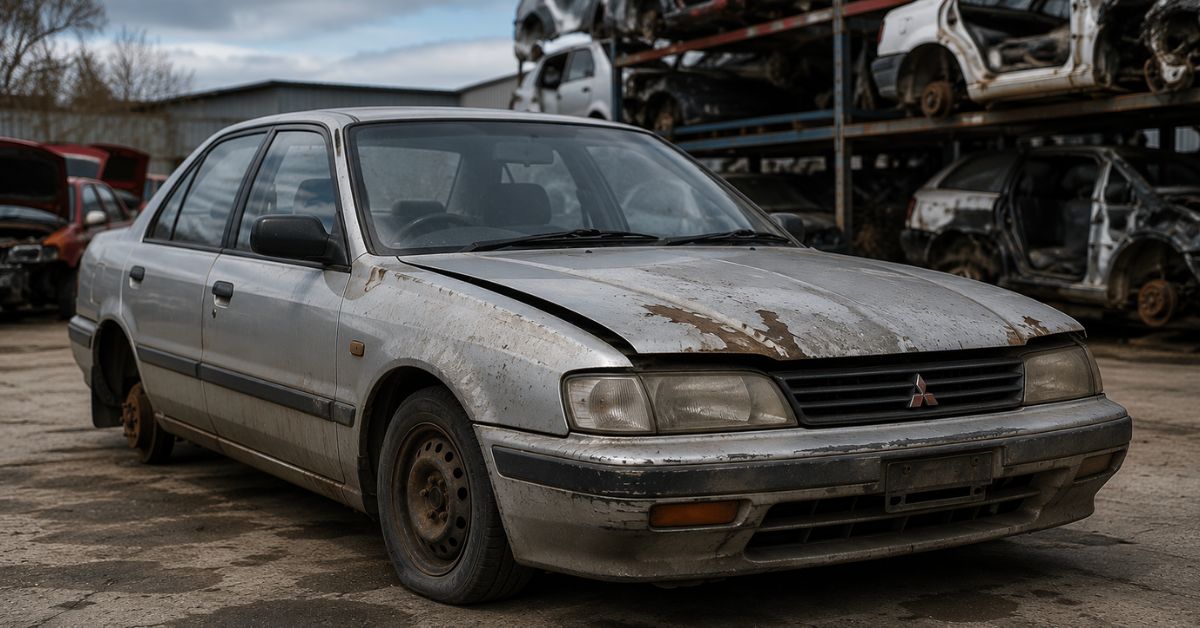 Weathered old Mitsubishi sedan in a licensed Adelaide auto wrecking yard awaiting dismantling for used parts recovery and vehicle recycling.